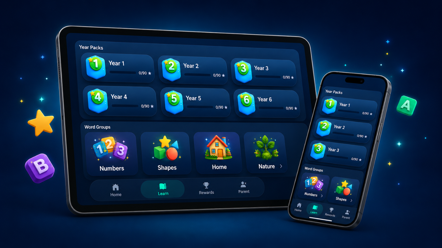 MySpellings word packs shown on tablet and phone