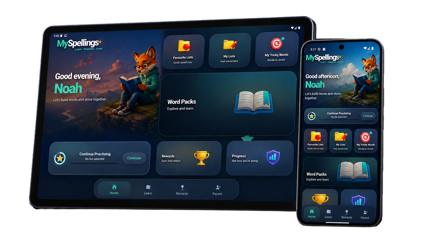 MySpellings app shown on tablet and phone